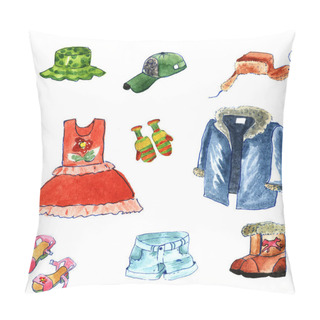 Personality  Hand Drawn Watercolor Clothes Cartoon Style Isolated On White Background. Winter And Summer Cloth: Fur Cap With Ear Flaps,fur Coat, Jackboot,dress,shorts,hat,cap And Sandals Pillow Covers