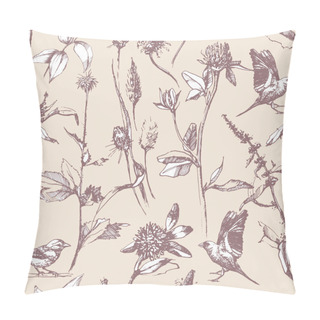 Personality  Seamless Pattern With Herbs And Birds Pillow Covers
