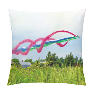Personality  Group Of Fighter Jet Airplane With A Trace Of Colorful Smoke Against Sky Pillow Covers