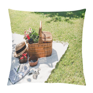 Personality  Wicker Basket With Roses And Bottle Of Wine On White Blanket Near Straw Hat, Cutlery On Napkin And Berries At Sunny Day In Garden Pillow Covers