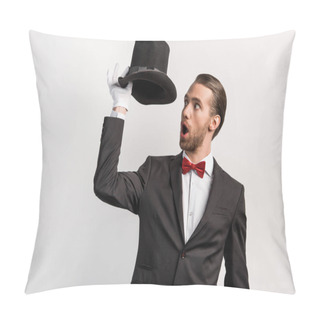 Personality  Shocked Magician With Open Mouth Looking At Hat, Isolated On Grey Pillow Covers