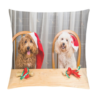 Personality  Concept Of Excited Dogs On Santa Hat With Christmas Gift On Tabl Pillow Covers