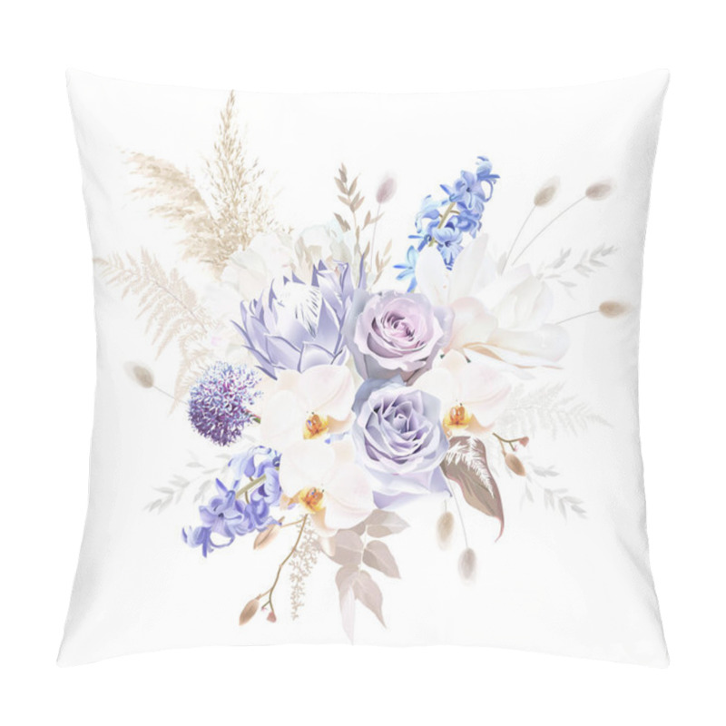 Personality  Pale purple rose, dusty mauve and lilac hyacinth, allium, white magnolia, orchid, lagurus pillow covers