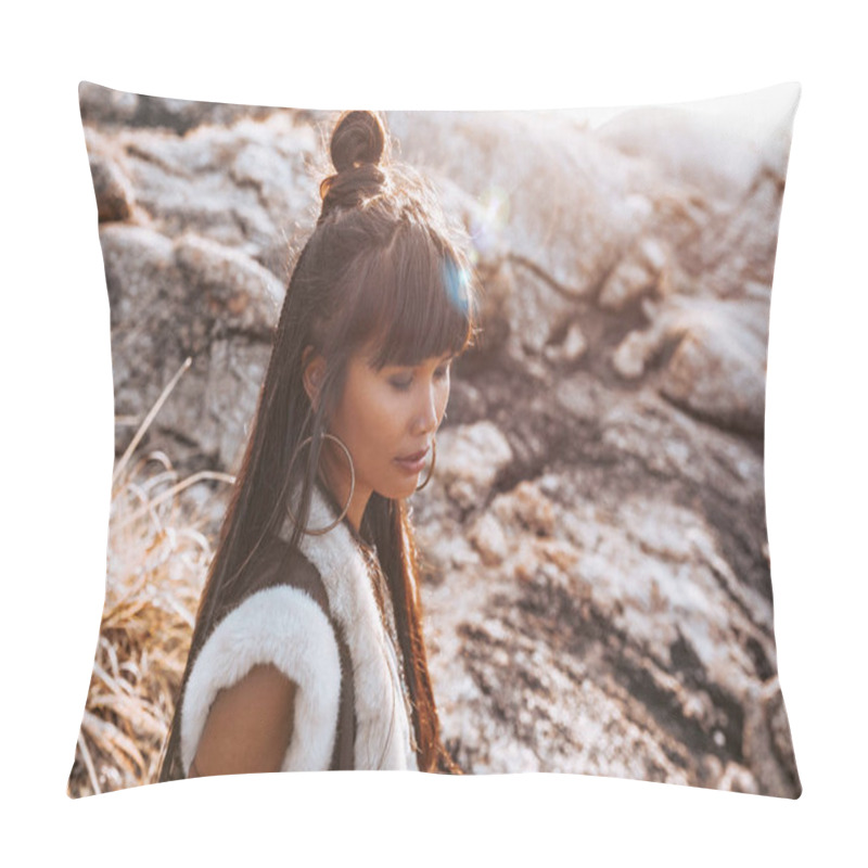 Personality  beautiful young stylish woman outdoors portrait at sunset pillow covers