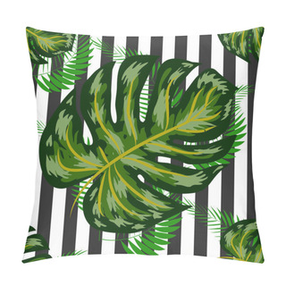 Personality  Seamless Pattern With Tropical Leaves: Palms, Monstera, Banana Leaves, Jungle Leaf Seamless Pattern Striped Background. Pillow Covers