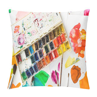 Personality  Top View Of Paints And Paintbrushes On Papers With Abstract Watercolor Spills Pillow Covers