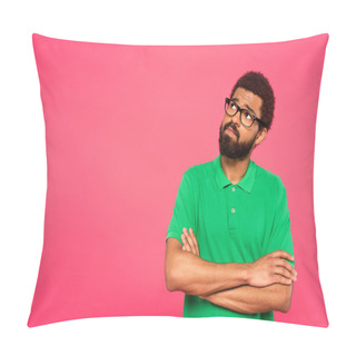 Personality  Pensive African American Man In Glasses Looking Away While Standing With Crossed Arms Isolated On Pink Pillow Covers