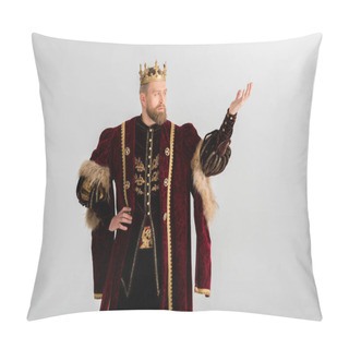Personality  King With Crown Pointing With Hand Isolated On Grey Pillow Covers