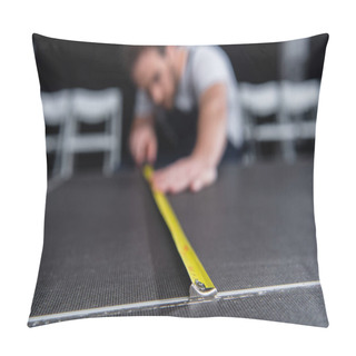 Personality  Selective Focus Of Male Craftsman Making Measurements Of Floor By Measuring Tape Pillow Covers