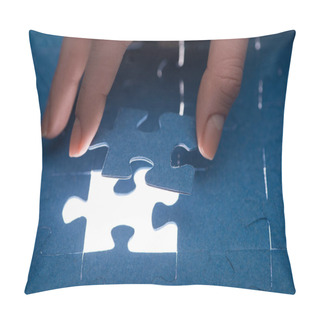 Personality  Cropped Image Of Businesswoman Inserting Last Missing Puzzle, Business Concept Pillow Covers