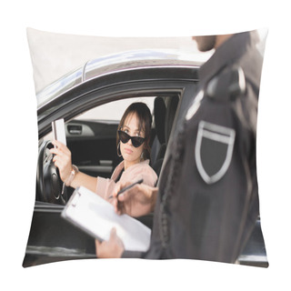 Personality  Cropped Image Of Policeman With Clipboard And Pen Talking To Young Driver In Car Giving Driver License Pillow Covers