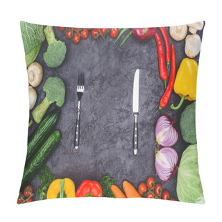 Personality  Top View Of Fresh Organic Assorted Vegetables And Fork With Knife On Black Pillow Covers