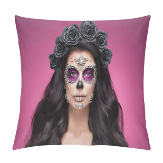 Personality  Portrait Of A Woman With Sugar Skull Makeup Over Red Background. Halloween Costume And Make-up. Portrait Of Calavera Catrina Pillow Covers