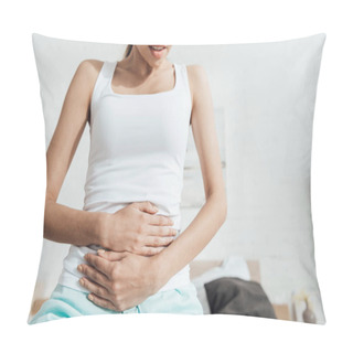Personality  Partial View Of Young Woman Touching Belly In Bedroom Pillow Covers