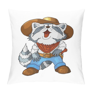 Personality  Cartoon Colored Character American Cowboy Laughing Raccoon Isolated On White Pillow Covers