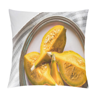 Personality  Top View Of Plate With Pumpkin Quarters On Striped Towel Pillow Covers