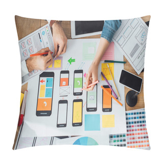 Personality  Top View Of Designers Creative App Interface For User Experience Design Near Layouts And Digital Devices On Table Pillow Covers