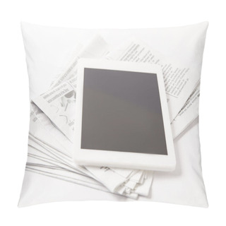 Personality  Close Up Of Pile Of Newspapers With Digital Tablet, On White Pillow Covers