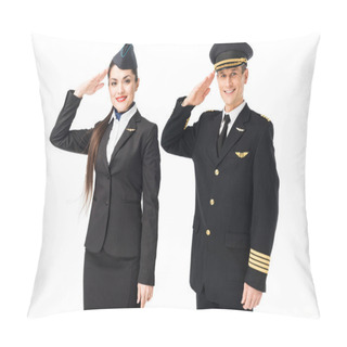 Personality  Airline Captain And Stewardess Saluting Isolated On White Pillow Covers