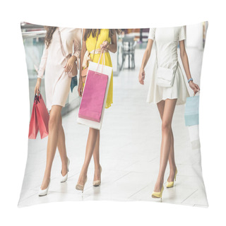 Personality  Cropped Shot Of Stylish Young Women With Paper Bags Walking In Shopping Mall Pillow Covers