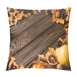 Personality  Round Framer Of Autumnal Decoration On Brown Wooden Background Pillow Covers