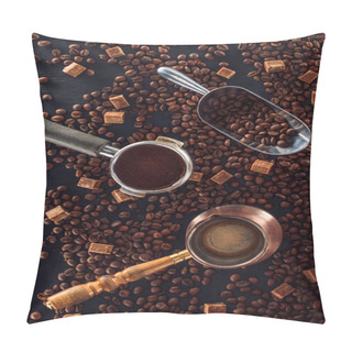 Personality  Top View Of Roasted Coffee Beans, Scoop, Coffee Tamper, Coffee Pot And Brown Sugar On Black  Pillow Covers