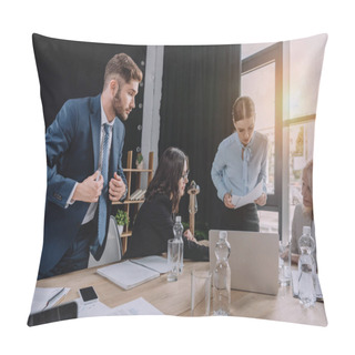 Personality  Young Businesspeople Talking During Business Meeting Near Desk With Digital Devices And Documents Pillow Covers
