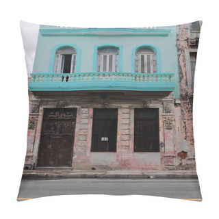 Personality  Havana, Cuba-October 8, 2019: Colorful, Early 1900s Eclectic Style House Of Dilapidated, Peeling Paint, Chipped Ground Floor Contrasting With The Neatly Painted First Floor, San Lazaro St South Side. Pillow Covers