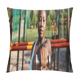 Personality  A Curvy African American Woman In A Blue Sportswear Confidently Holds Dumbbell In Her Hands, Exuding Grace And Strength. Pillow Covers