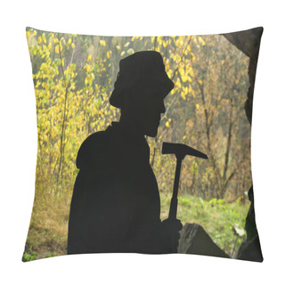 Personality  Silhouette Of A Geologist With A Geological Hammer In A Cave, On The Background Of An Entrance With A Brightly Lit Autumn Forest Pillow Covers
