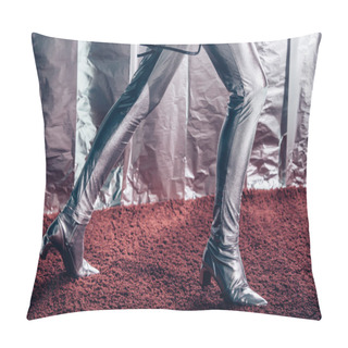 Personality  Partial View Of Model Posing In Silver Bodysuit And Footwear On Metallic Background Pillow Covers