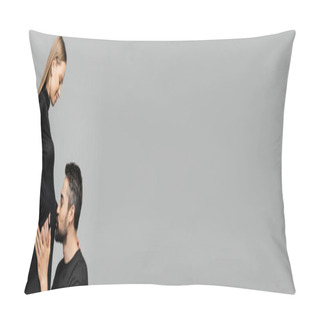 Personality  Side View Of Bearded Man In T-shirt Kissing Belly Of Trendy And Smiling Pregnant Wife In Black Dress And Standing Isolated On Grey, Growing New Life Concept, Banner With Copy Space  Pillow Covers