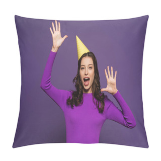 Personality  Excited Girl In Party Cap, With Open Mouth, Gesturing With Hands On Purple Background Pillow Covers