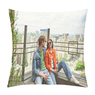 Personality  A Man And Woman Are Peacefully Seated On Top Of A Weathered Wooden Bench, Enjoying Each Others Company In A Serene Setting Pillow Covers