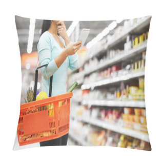 Personality  Woman With Food In Shopping Basket At Supermarket Pillow Covers
