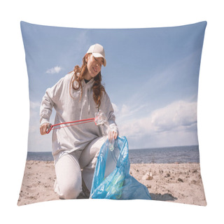 Personality  Happy Woman In Cap Holding Trash Bag And Picking Up Rubbish On Sand  Pillow Covers