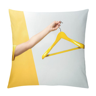 Personality  Cropped View Of Woman Holding Wooden Hanger On White And Yellow  Pillow Covers