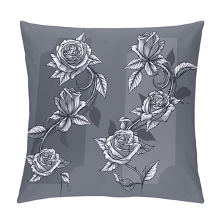 Personality  Graphic Detailed Graphic Black And White Roses Flower With Stem And Leaves. On Gray Background. Vector Icon Set. Vol. 6 Pillow Covers