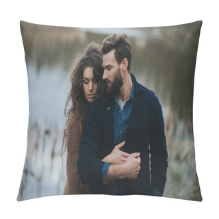 Personality  Two Caucasian Lovers Near The Lake. Young Couple Is Hugging On Autumn Day Outdoors. A Bearded Man And Curly Woman In Love. Valentine's Day. Concept Of Love And Family. Pillow Covers