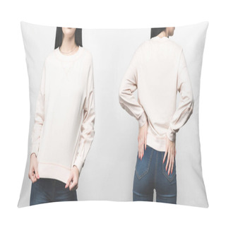 Personality  Front And Back View Of Young Woman In Blank Sweatshirt Isolated On White Pillow Covers