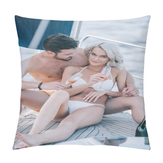 Personality  Young Smiling Couple In Swimwear Relaxing With Champagne Glasses On Yacht  Pillow Covers