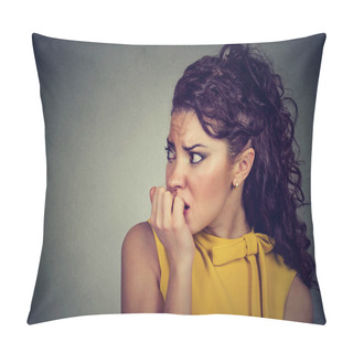 Personality  Scared Nervous Woman Biting Her Fingernails Anxious  Pillow Covers