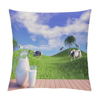 Personality  Fresh Milk In Clear Glass And Milk Jug On The Reflective Plank Floor. Bright Green Grassland Cows Are Walking Freely And Enjoying Eating Grass. Clear Blue Sky With White Clouds. 3D Rendering Pillow Covers