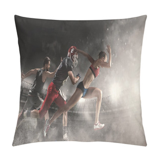 Personality  Multi Sports Collage About Basketball, American Football Players And Fit Running Woman Pillow Covers