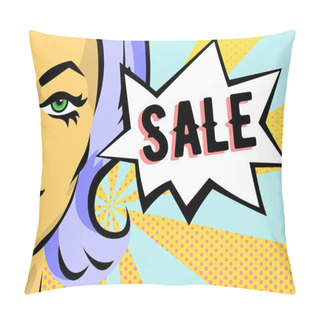 Personality  Woman With Sale Sign. Vector Banner In Pop Art Style. Pillow Covers