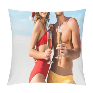 Personality  Cropped View Of Sexy Girlfriend And Boyfriend Holding Champagne Glasses And Hugging On Beach In Maldives  Pillow Covers