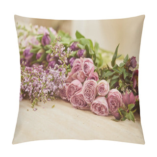 Personality   Purple Tulips, Peonies And Lilac On Table At Flower Shop Pillow Covers
