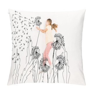 Personality  Top View Of Kid Blowing Dandelion Seeds While Flying On White  Pillow Covers