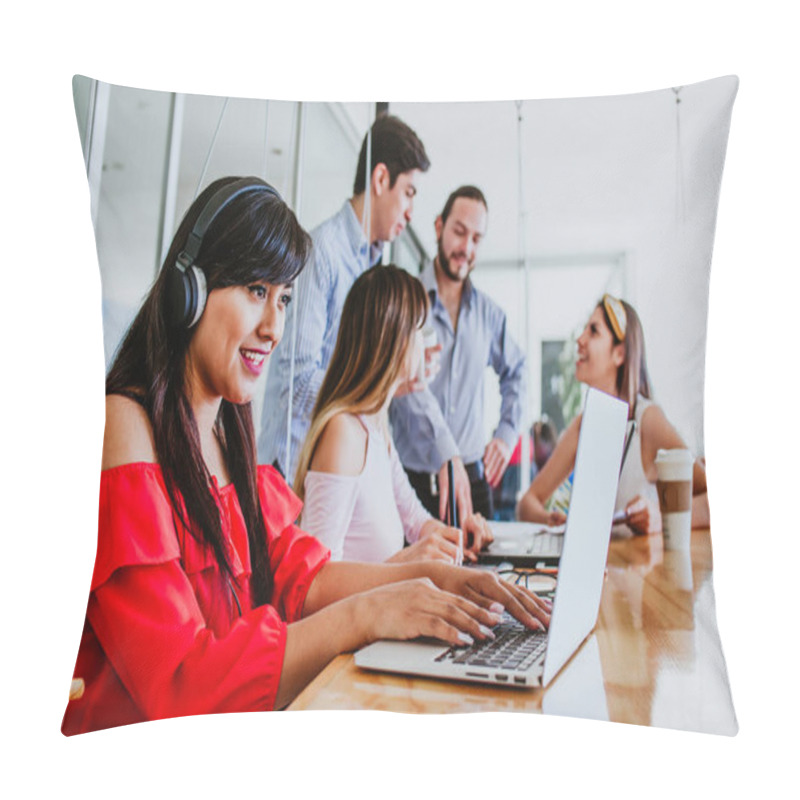 Personality  Latin woman student with group of students at university in Mexico, Mexican people pillow covers