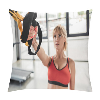 Personality  Selective Focus Of Sportive Woman Working Out With Elastics In Gym  Pillow Covers